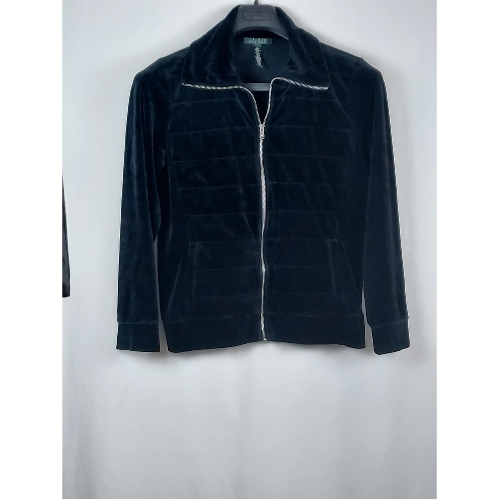 Lauren Ralph Lauren Women Large Jacket Black Velour Quilted Front Zip Up